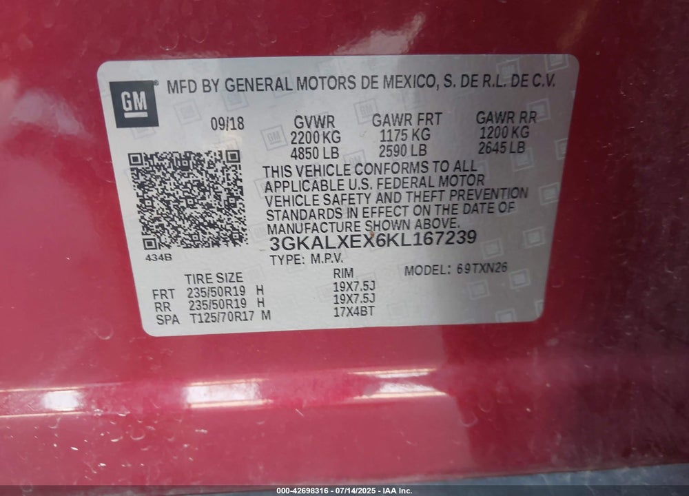 2019 GMC TERRAIN VIN: 3GKALXEX6KL167239