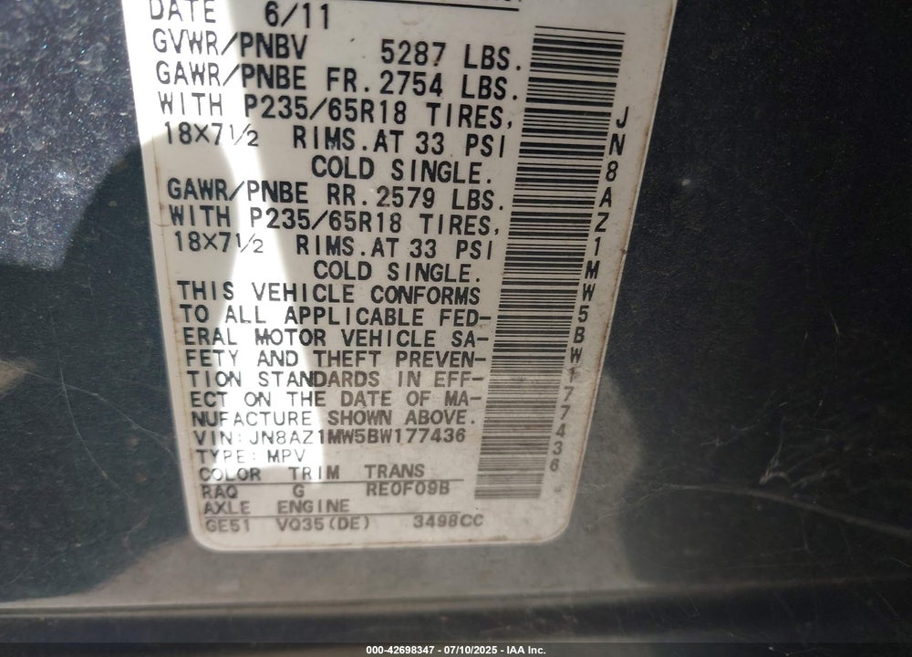2011 NISSAN MURANO VIN: JN8AZ1MW5BW177436