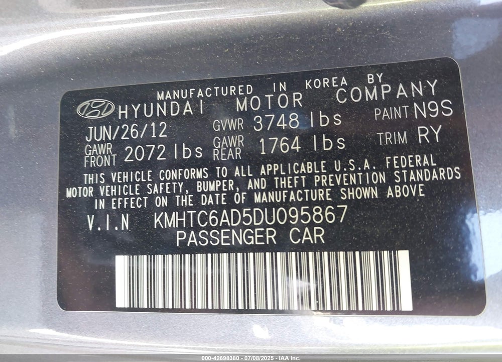 2013 HYUNDAI VELOSTER VIN: KMHTC6AD5DU095867