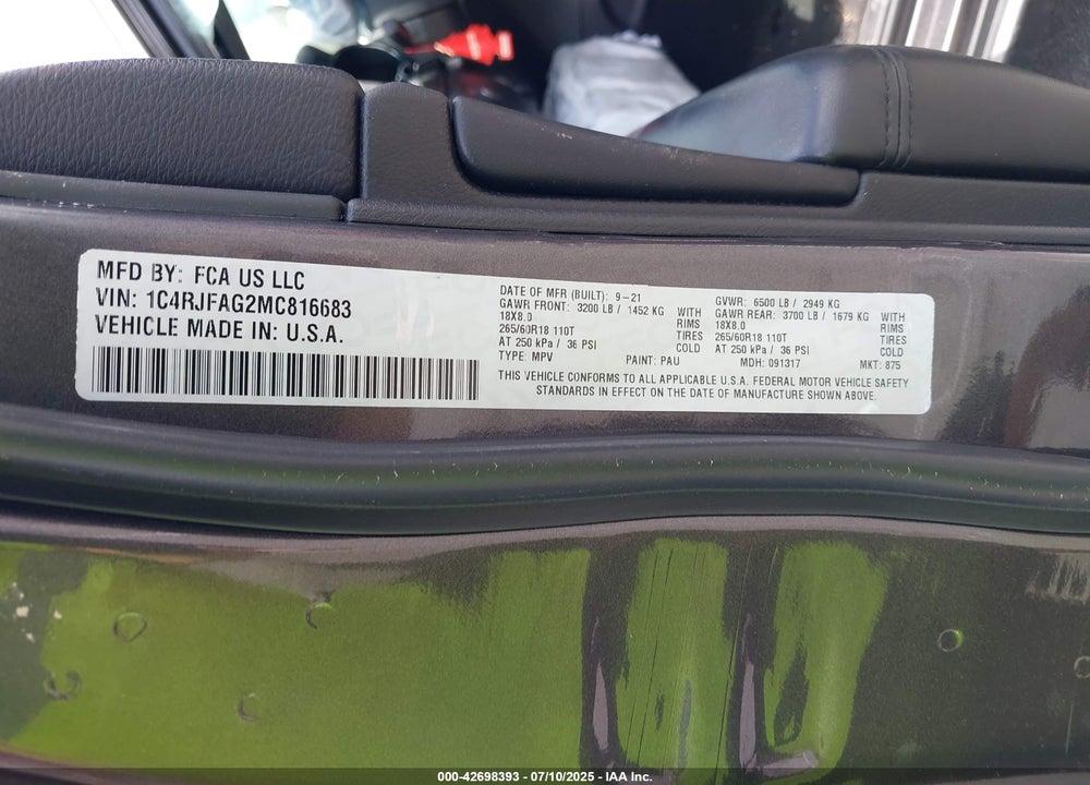 2021 JEEP GRAND CHEROKEE VIN: 1C4RJFAG2MC816683