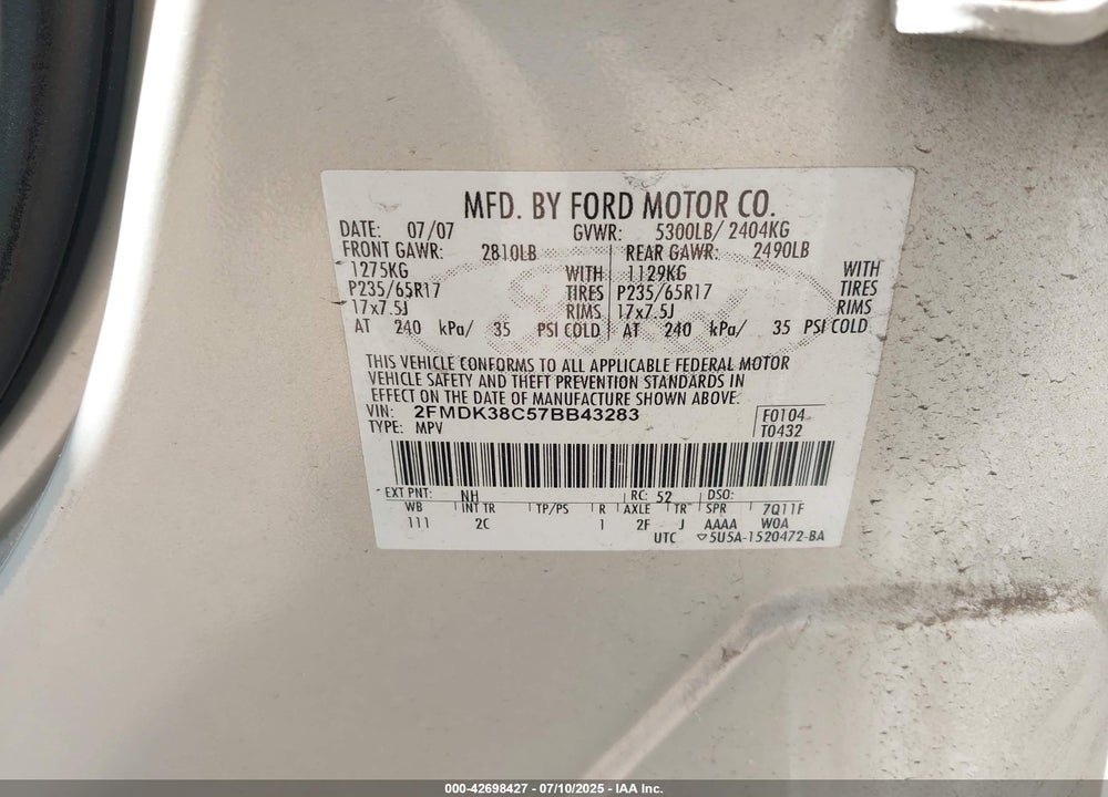 2007 FORD EDGE VIN: 2FMDK38C57BB43283