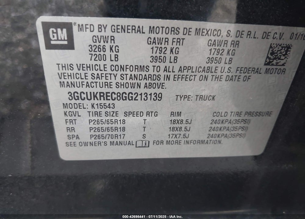 2016 CHEVROLET SILVERADO 1500 VIN: 3GCUKREC8GG213139