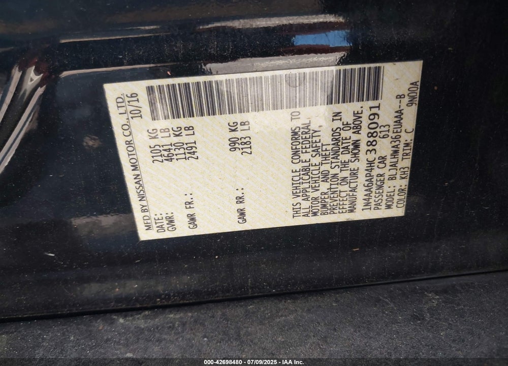 2017 NISSAN MAXIMA VIN: 1N4AA6AP4HC388091