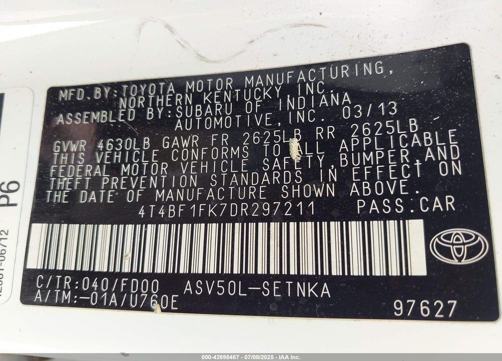 2013 TOYOTA CAMRY VIN: 4T4BF1FK7DR297211