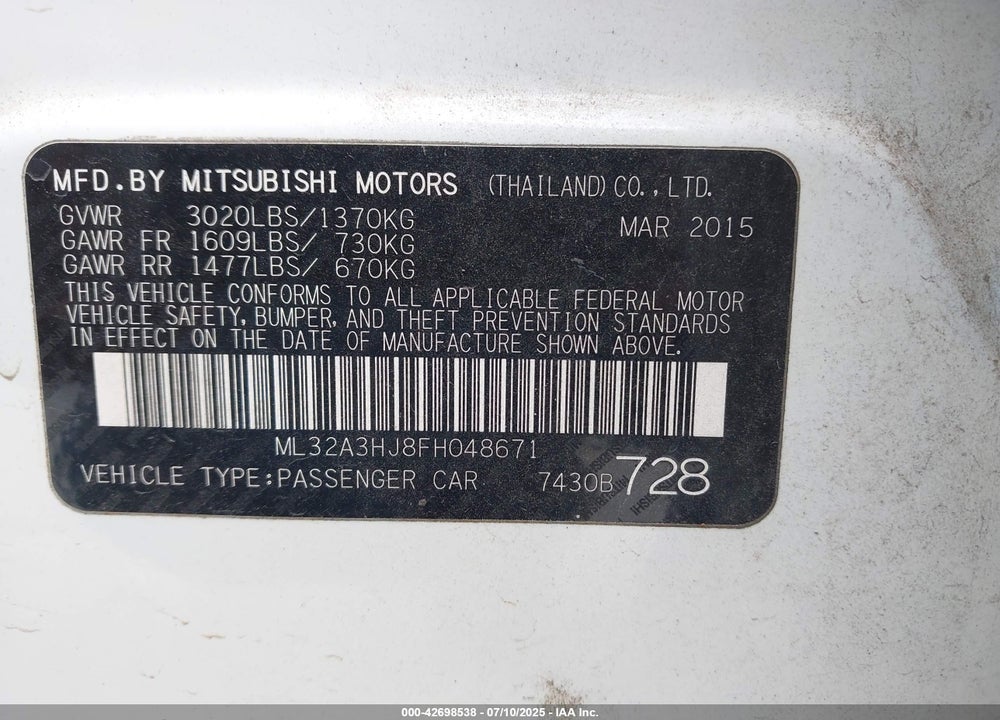 2015 MITSUBISHI MIRAGE DE VIN: ML32A3HJ8FH048671