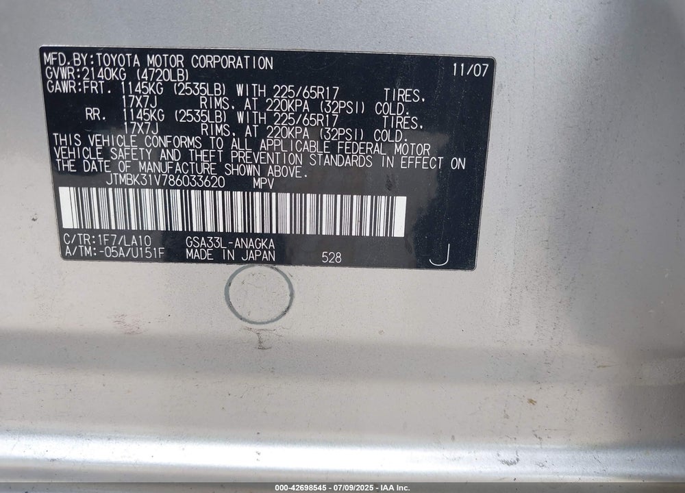 2008 TOYOTA RAV4 VIN: JTMBK31V786033620