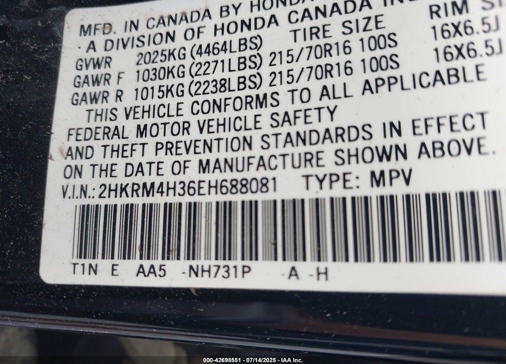 2014 HONDA CR-V VIN: 2HKRM4H36EH688081