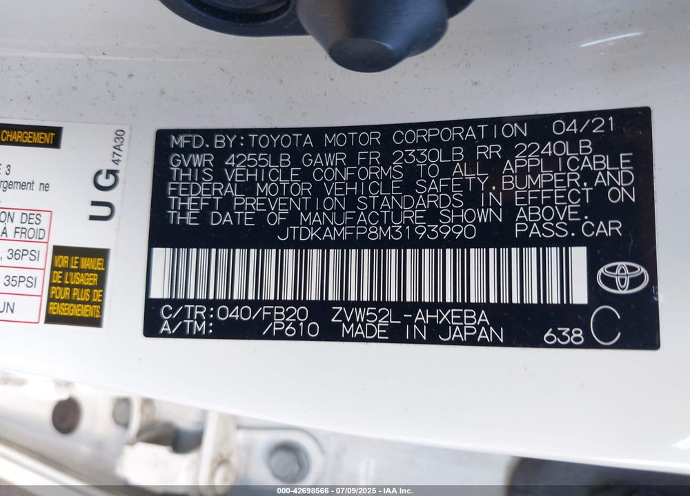 2021 TOYOTA PRIUS PRIME VIN: JTDKAMFP8M3193990