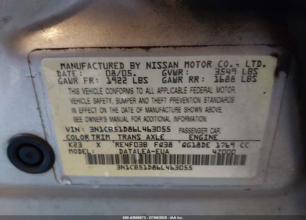 2006 NISSAN SENTRA VIN: 3N1CB51D86L463055
