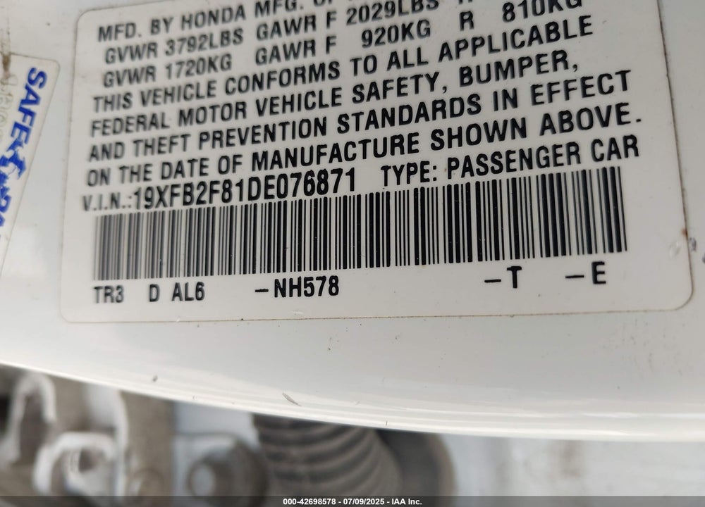 2013 HONDA CIVIC VIN: 19XFB2F81DE076871