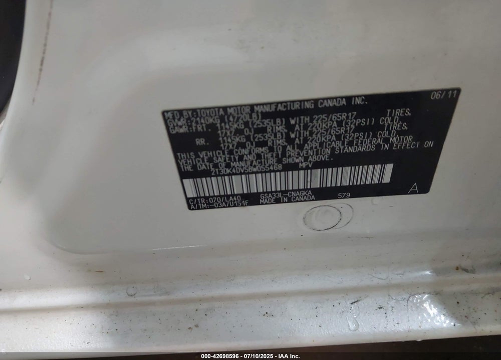 2011 TOYOTA RAV4 VIN: 2T3DK4DV5BW055468