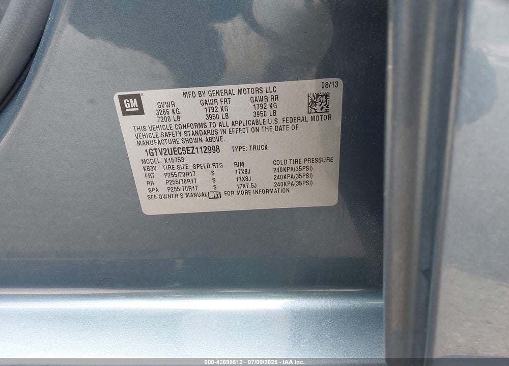 2014 GMC SIERRA 1500 VIN: 1GTV2UEC5EZ112998