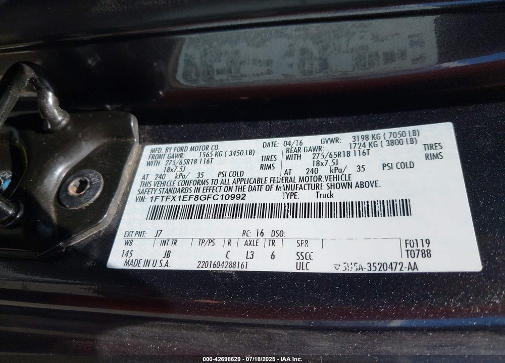 2016 FORD F-150 VIN: 1FTFX1EF8GFC10992