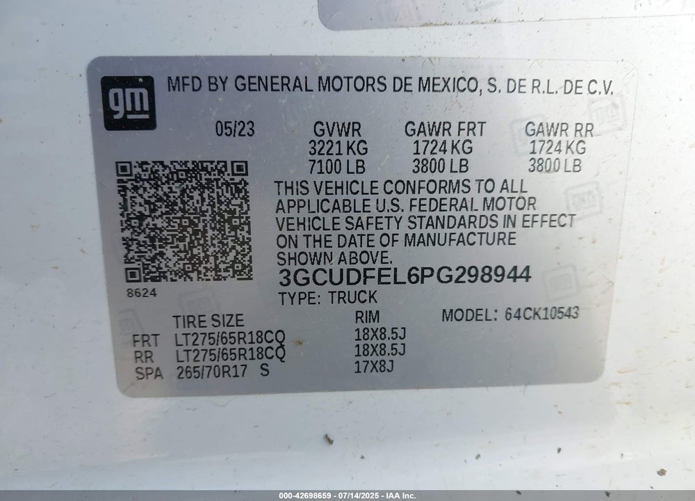 2023 CHEVROLET SILVERADO 1500 VIN: 3GCUDFEL6PG298944