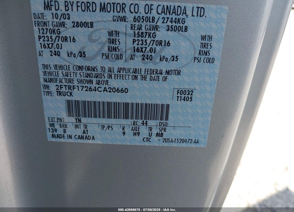 2004 FORD F-150 HERITAGE XL/XLT VIN: 2FTRF17264CA20660