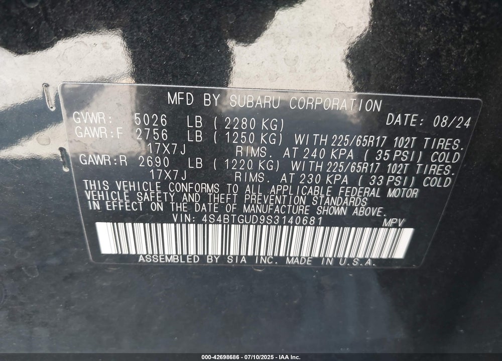 2025 SUBARU OUTBACK VIN: 4S4BTGUD9S3140681