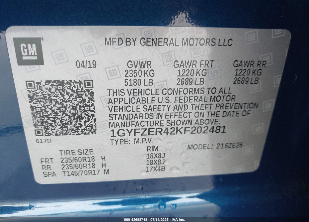 2019 CADILLAC XT4 VIN: 1GYFZER42KF202481