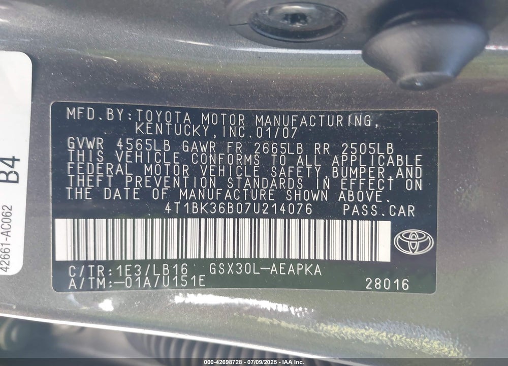 2007 TOYOTA AVALON LIMITED VIN: 4T1BK36B07U214076