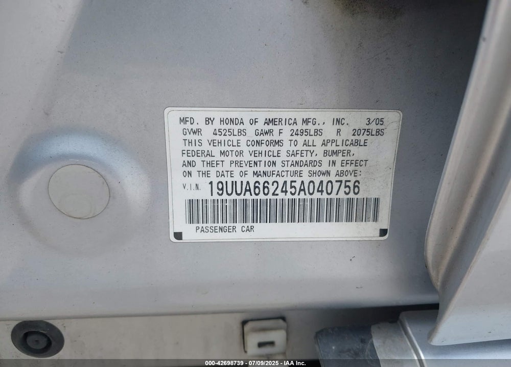 2005 ACURA TL VIN: 19UUA66245A040756