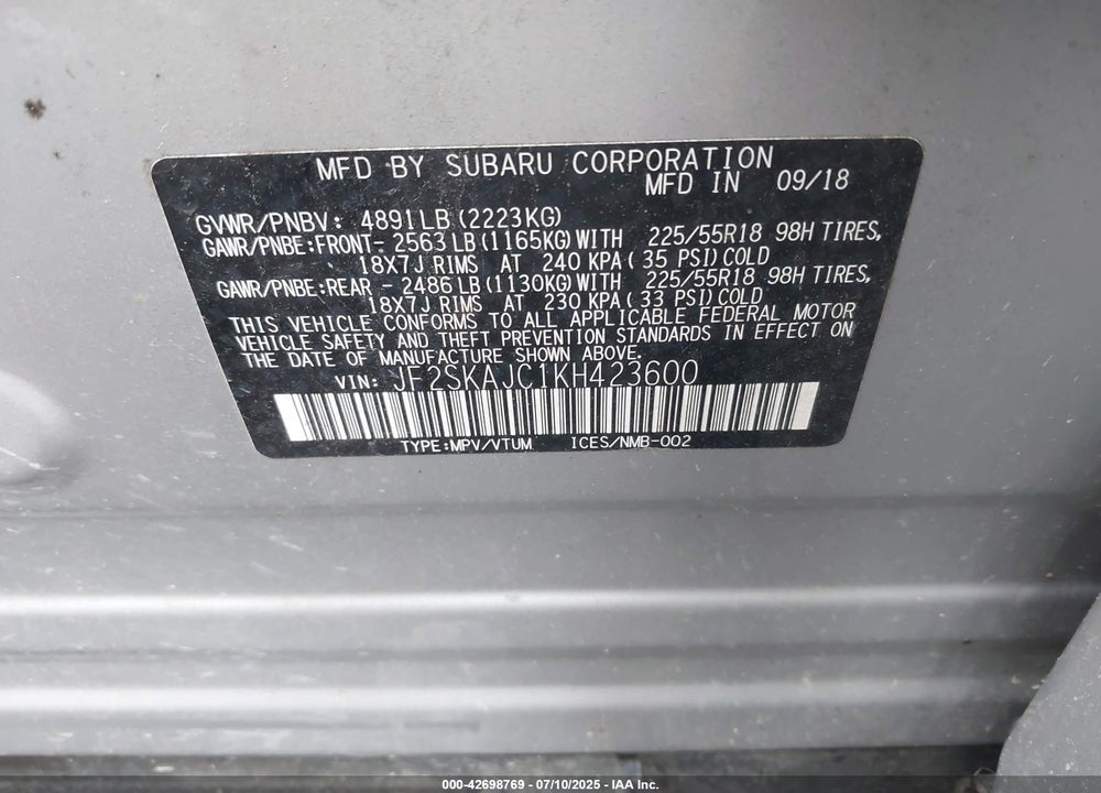 2019 SUBARU FORESTER VIN: JF2SKAJC1KH423600