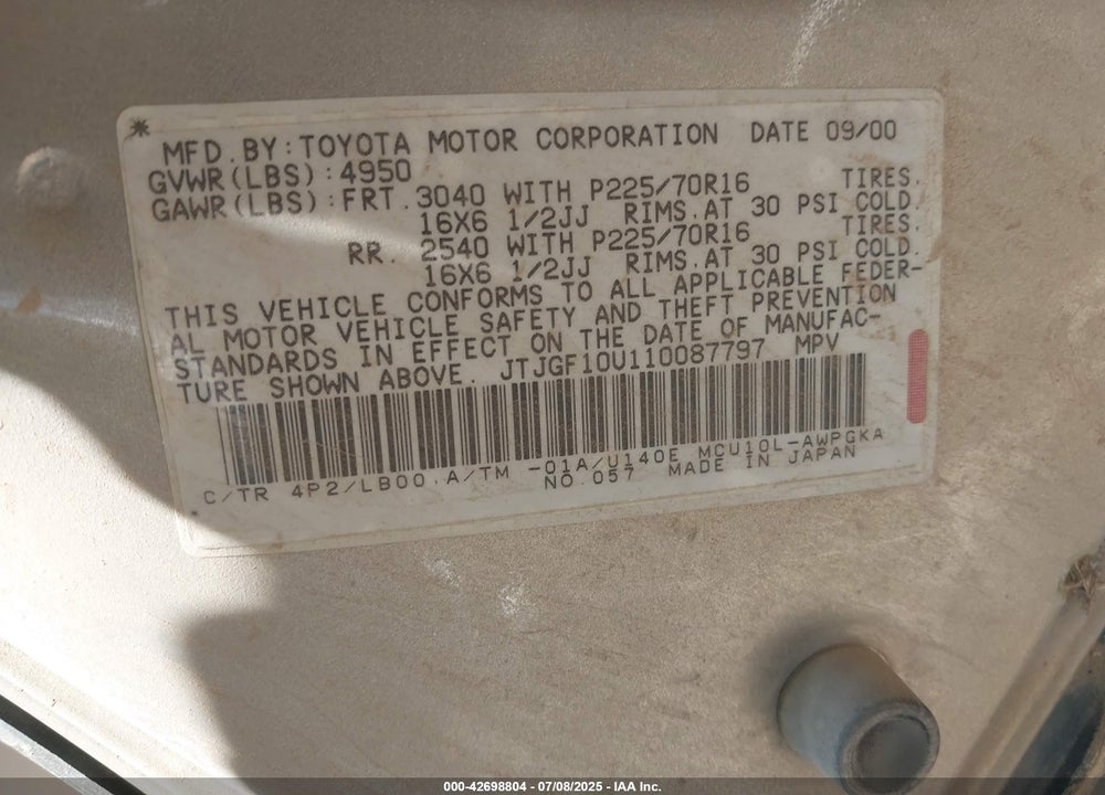 2001 LEXUS RX 300 VIN: JTJGF10U110087797