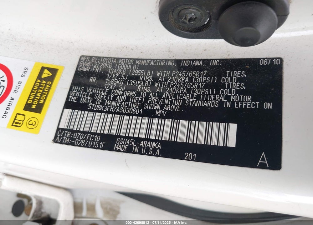 2010 TOYOTA HIGHLANDER VIN: 5TDBK3EH7AS030601