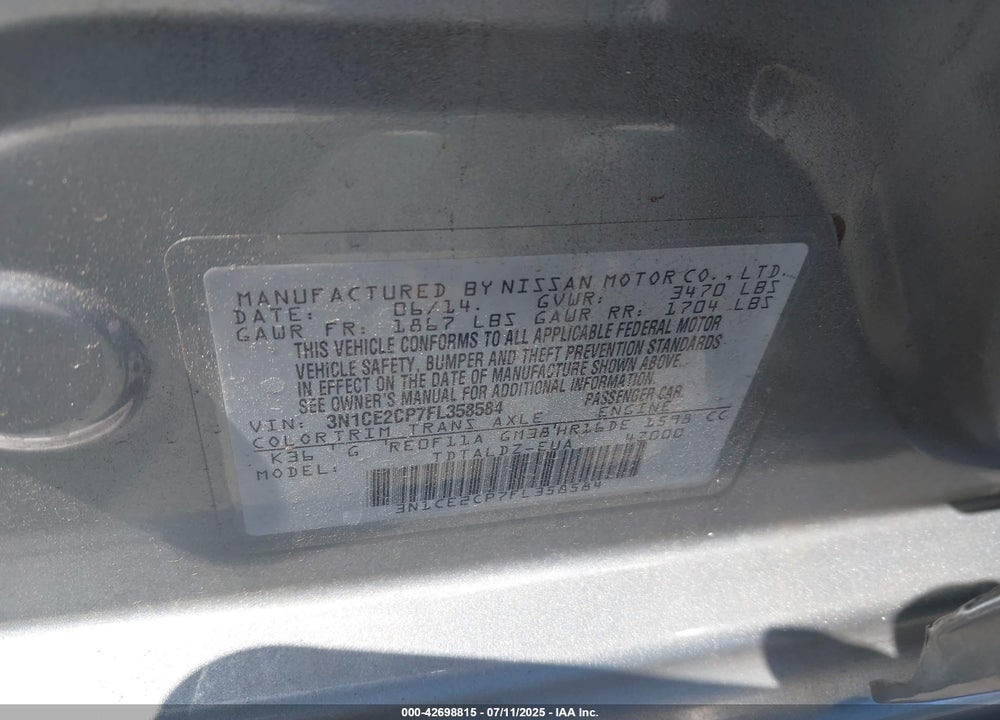 2015 NISSAN VERSA NOTE VIN: 3N1CE2CP7FL358584