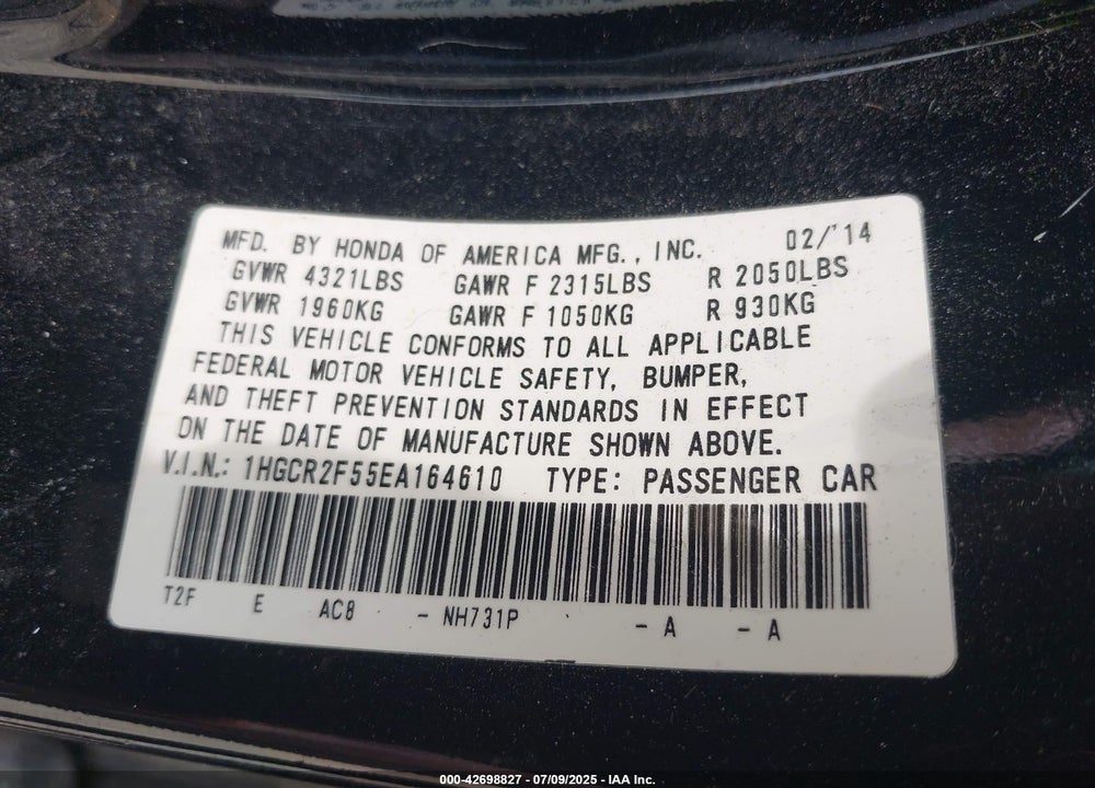 2014 HONDA ACCORD VIN: 1HGCR2F55EA164610