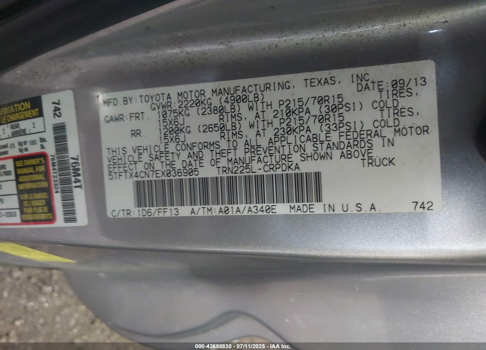 2014 TOYOTA TACOMA VIN: 5TFTX4CN7EX036905