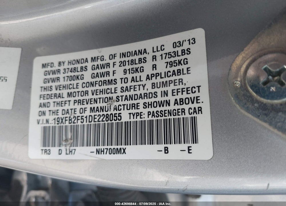2013 HONDA CIVIC VIN: 19XFB2F51DE228055