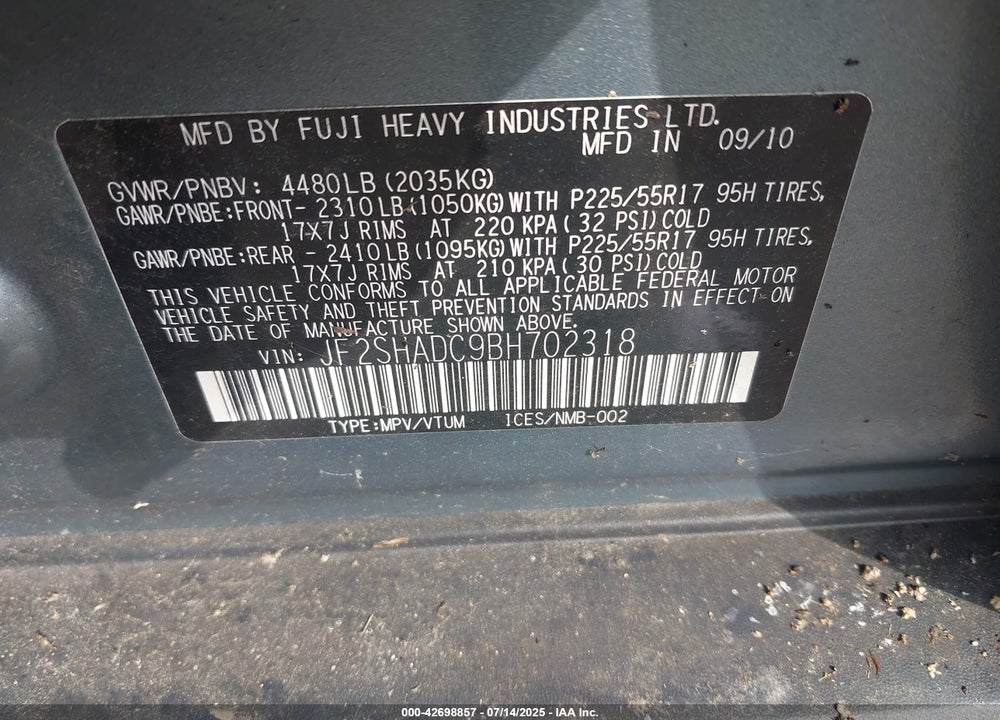 2011 SUBARU FORESTER VIN: JF2SHADC9BH702318