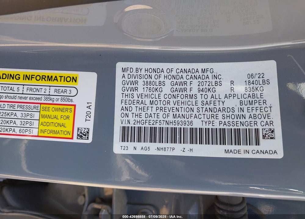 2022 HONDA CIVIC SPORT VIN: 2HGFE2F57NH593936