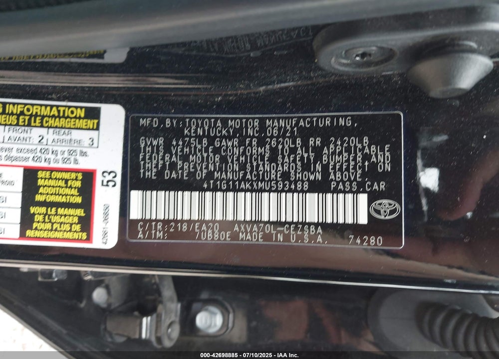2021 TOYOTA CAMRY VIN: 4T1G11AKXMU593488
