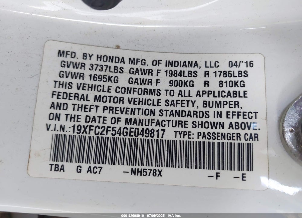 2016 HONDA CIVIC VIN: 19XFC2F54GE049817