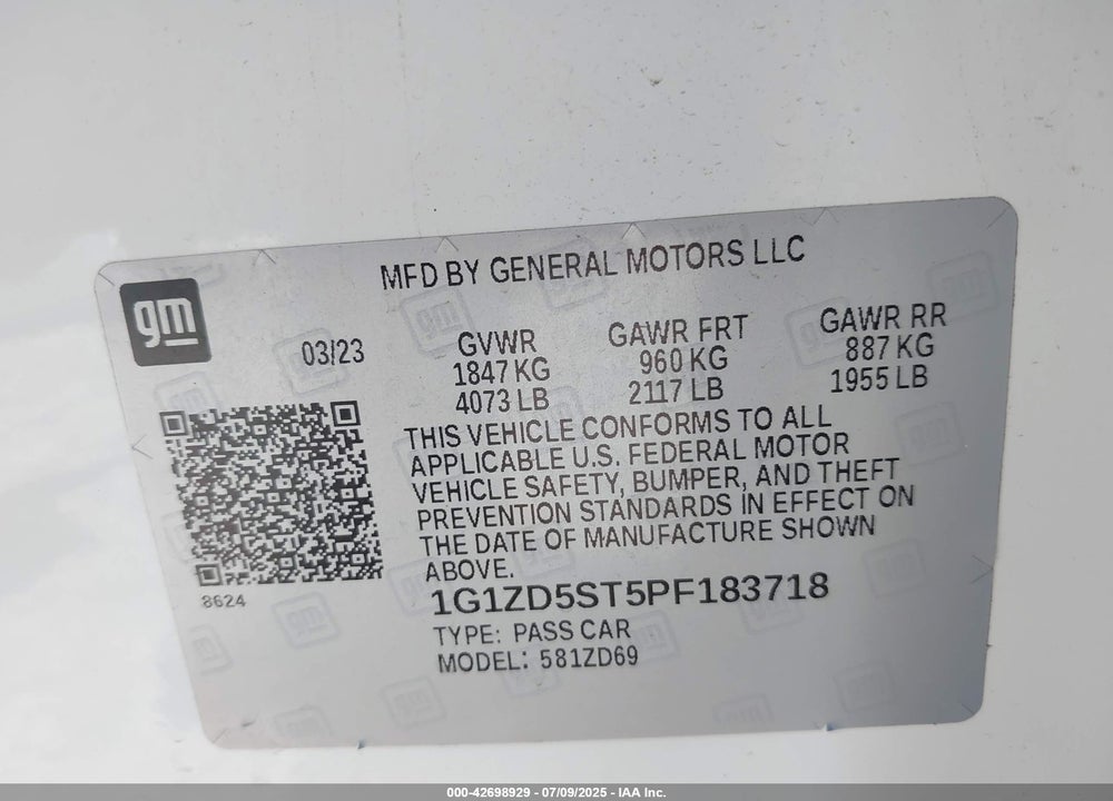 2023 CHEVROLET MALIBU VIN: 1G1ZD5ST5PF183718