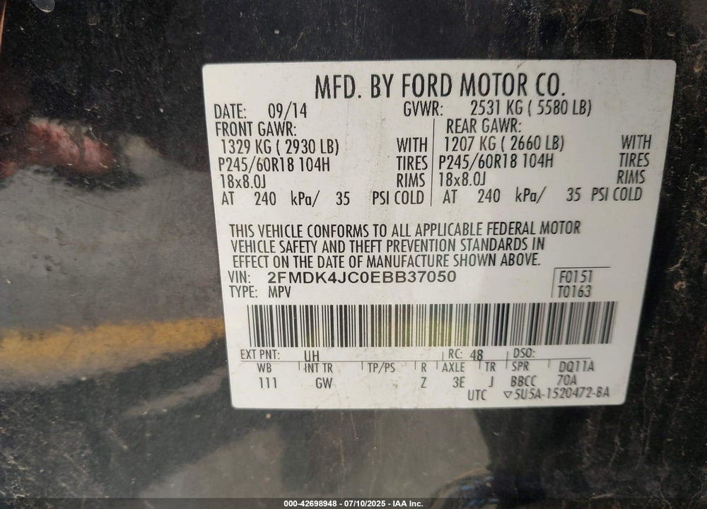2014 FORD EDGE VIN: 2FMDK4JC0EBB37050