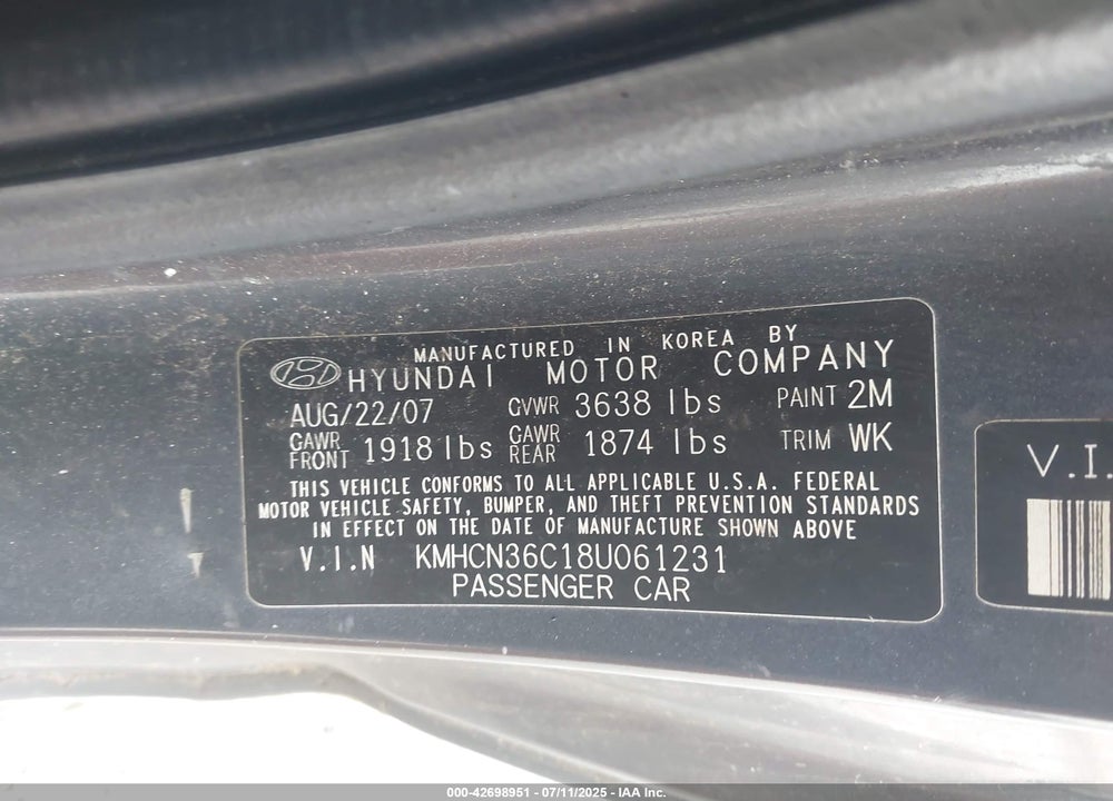 2008 HYUNDAI ACCENT SE VIN: KMHCN36C18U061231
