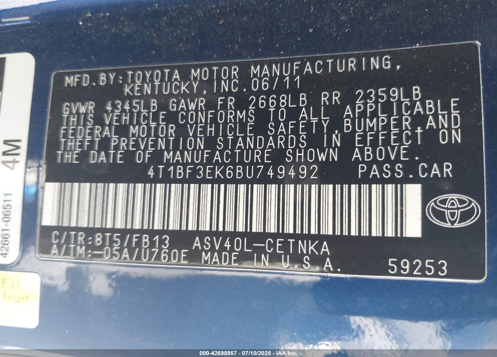 2011 TOYOTA CAMRY VIN: 4T1BF3EK6BU749492