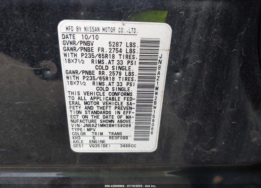 2011 NISSAN MURANO VIN: JN8AZ1MW2BW159086