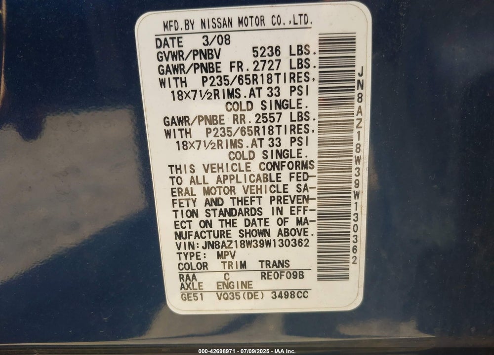 2009 NISSAN MURANO VIN: JN8AZ18W39W130362