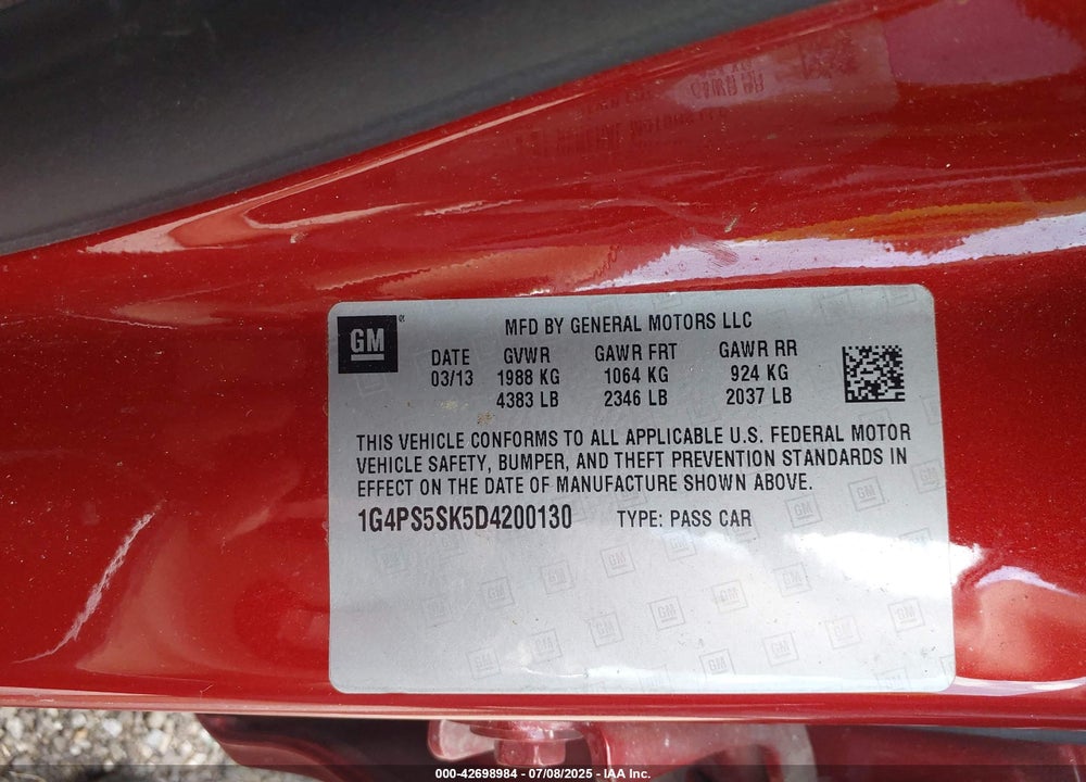 2013 BUICK VERANO VIN: 1G4PS5SK5D4200130