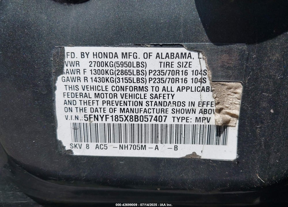2008 HONDA PILOT VIN: 5FNYF185X8B057407