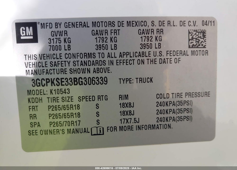 2011 CHEVROLET SILVERADO 1500 VIN: 3GCPKSE33BG306339