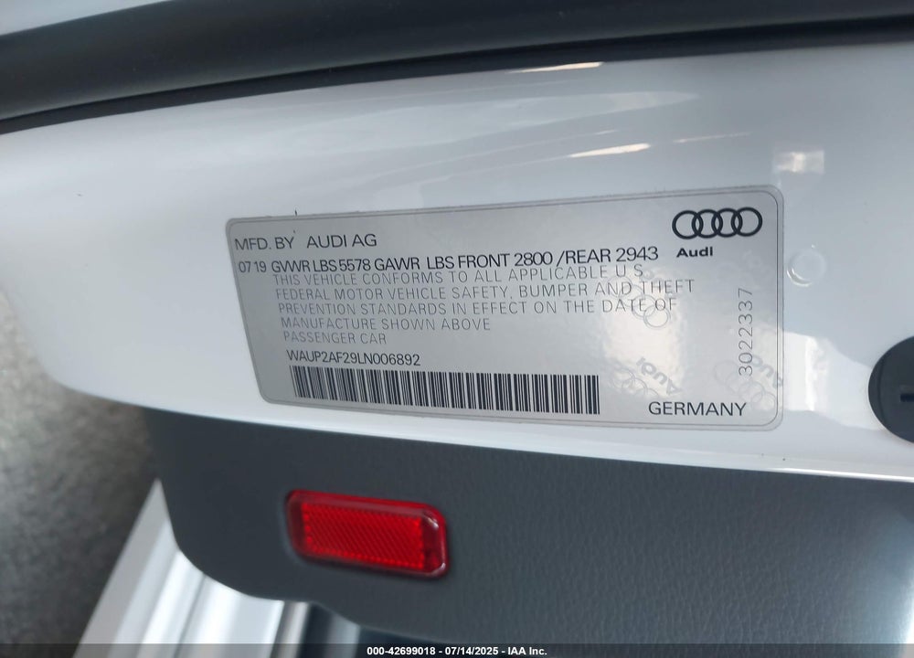 2020 AUDI A7 SPORTBACK VIN: WAUP2AF29LN006892
