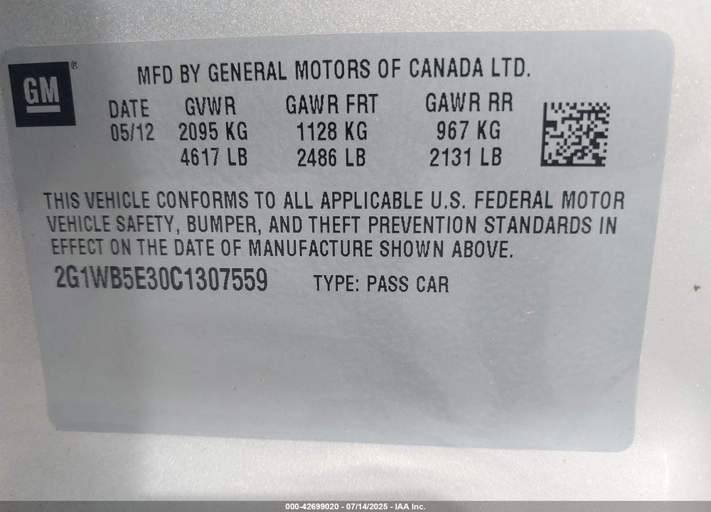 2012 CHEVROLET IMPALA VIN: 2G1WB5E30C1307559