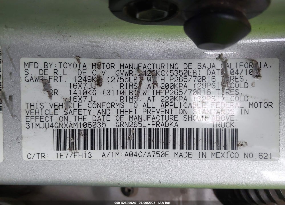2010 TOYOTA TACOMA VIN: 3TMJU4GNXAM106035