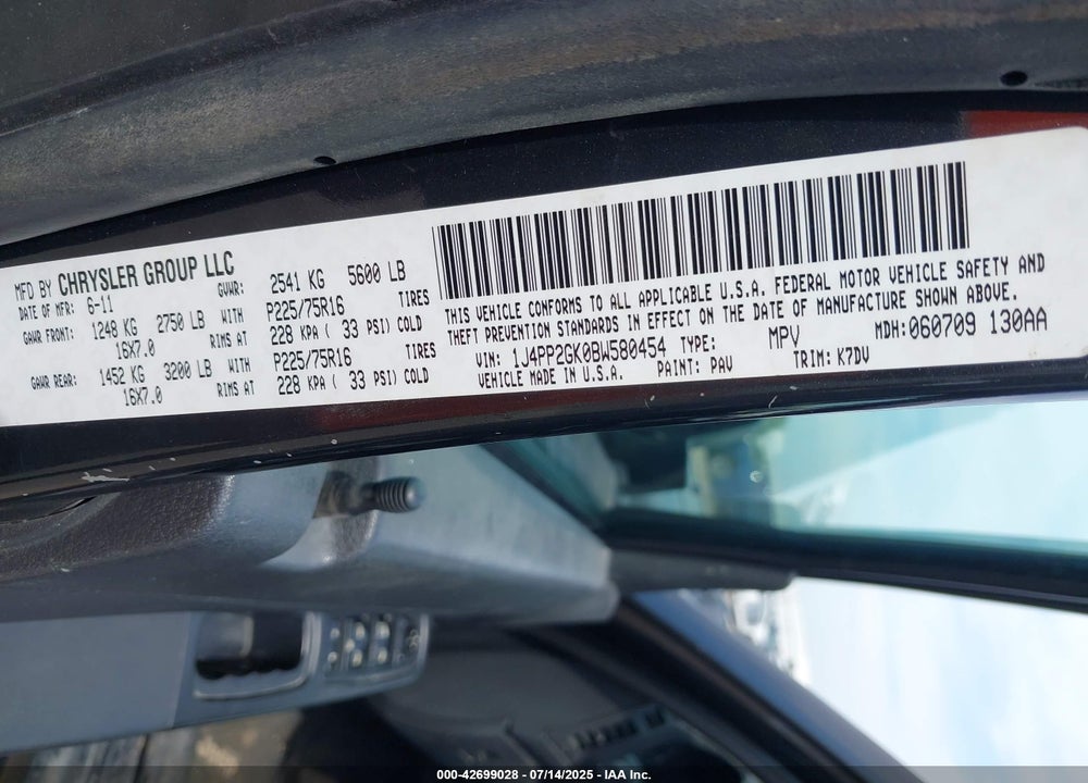 2011 JEEP LIBERTY VIN: 1J4PP2GK0BW580454