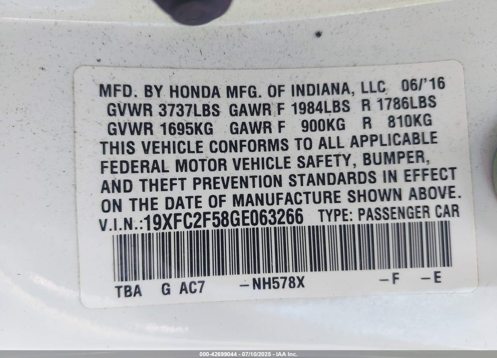 2016 HONDA CIVIC VIN: 19XFC2F58GE063266