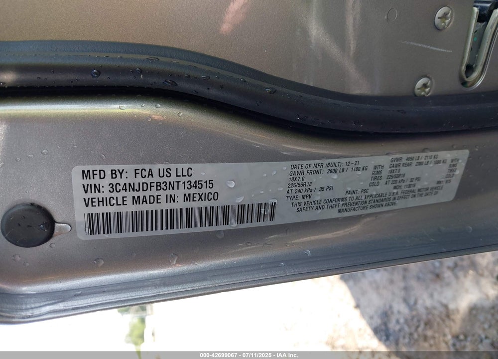 2022 JEEP COMPASS LATITUDE LUX 4X4 VIN: 3C4NJDFB3NT134515