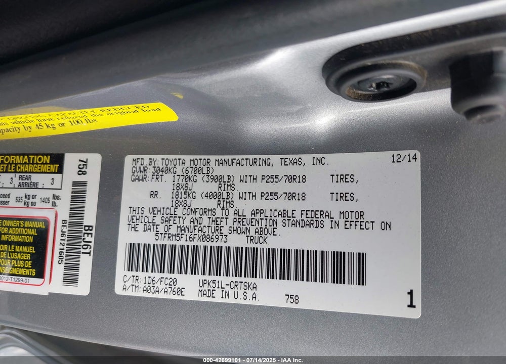 2015 TOYOTA TUNDRA VIN: 5TFRM5F16FX086973